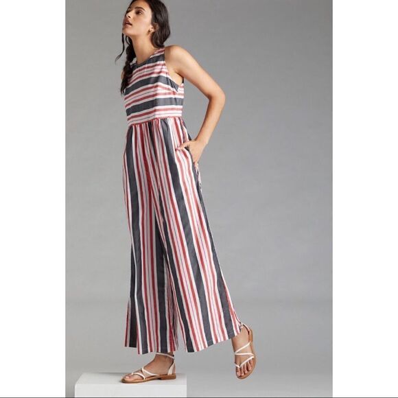 NEW Anthropologie Maeve Organic Cotton Striped Wide-Leg Button Jumpsuit X-Small - Picture 2 of 4
